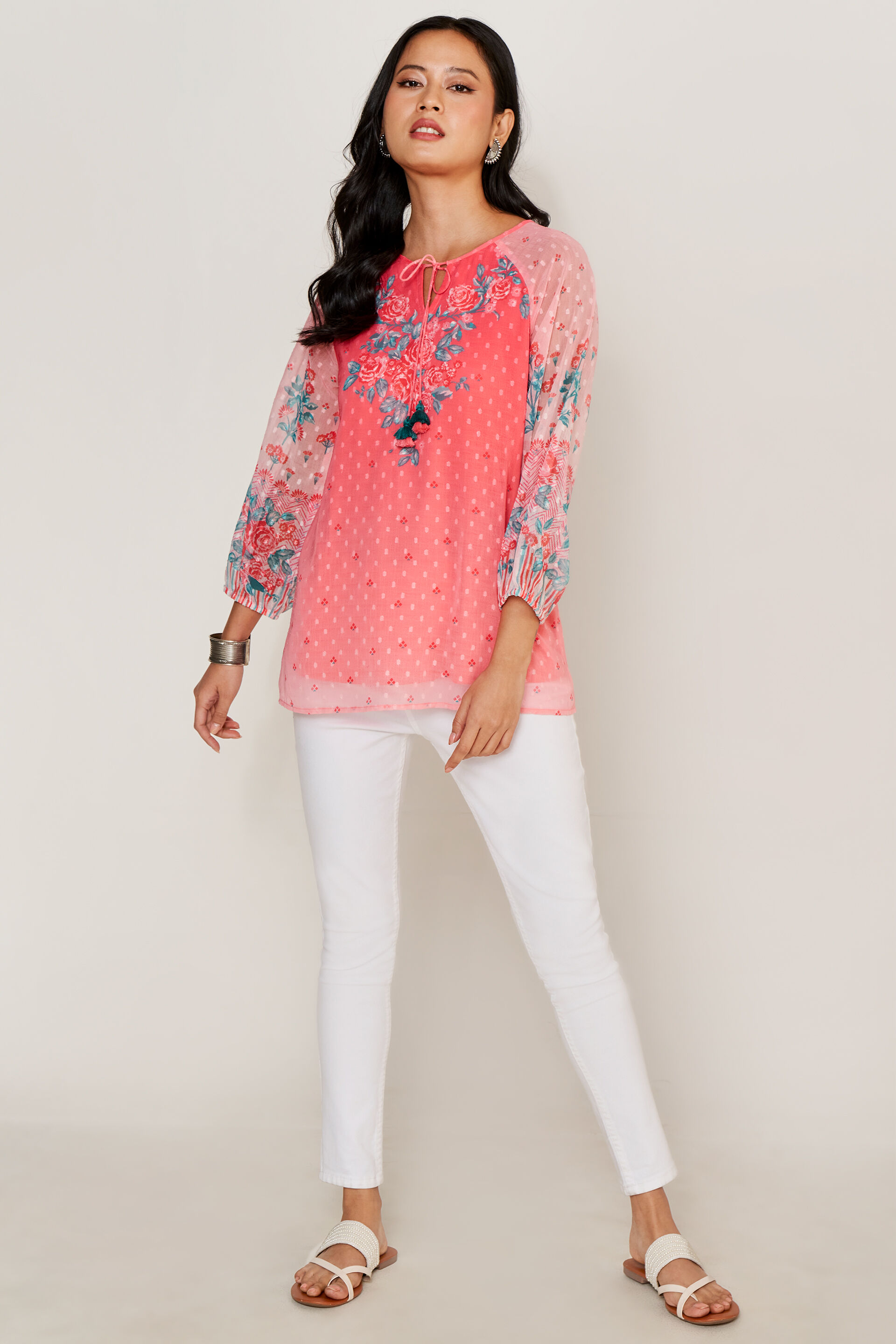 Coral Floral Tassel Straight Top, Coral, image 2